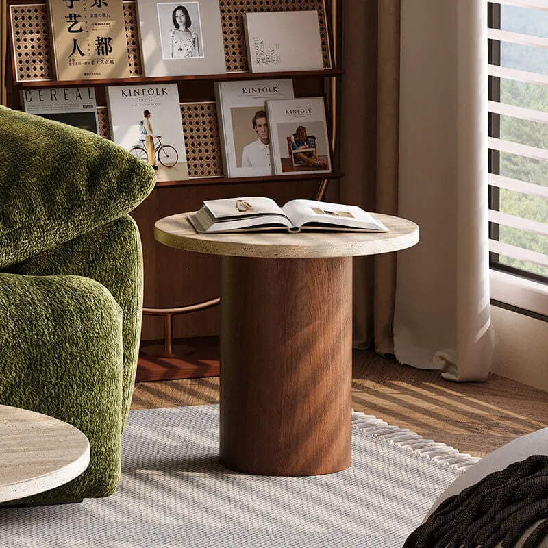 Layered Travertine Coffee Table Set, Warm Wood Base, Flexible Round Pair
