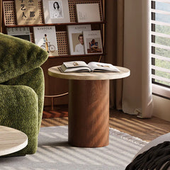 Layered Travertine Coffee Table Set, Warm Wood Base, Flexible Round Pair