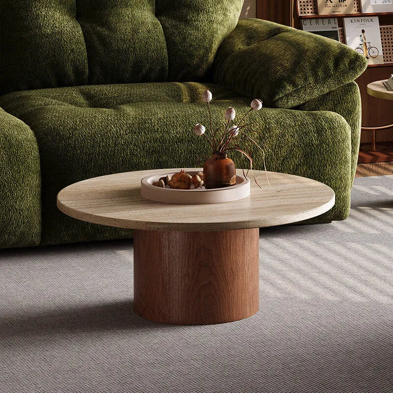 Layered Travertine Coffee Table Set, Warm Wood Base, Flexible Round Pair