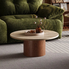 Layered Travertine Coffee Table Set, Warm Wood Base, Flexible Round Pair