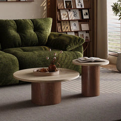 Layered Travertine Coffee Table Set, Warm Wood Base, Flexible Round Pair