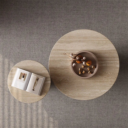 Layered Travertine Coffee Table Set, Warm Wood Base, Flexible Round Pair
