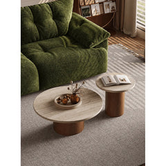 Layered Travertine Coffee Table Set, Warm Wood Base, Flexible Round Pair