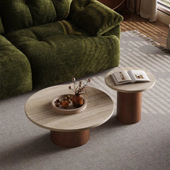 Layered Travertine Coffee Table Set, Warm Wood Base, Flexible Round Pair Main Product Image
