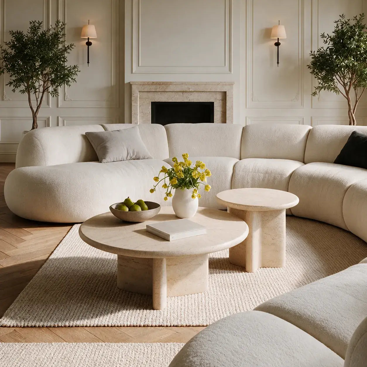 Layered Travertine Coffee Table Set with Sculptural Y Base