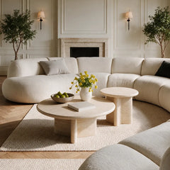 Layered Travertine Coffee Table Set with Sculptural Y Base