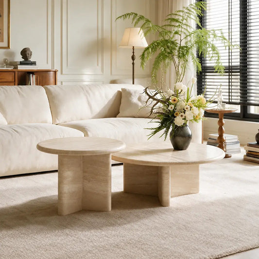 Layered Travertine Coffee Table Set with Sculptural Y Base