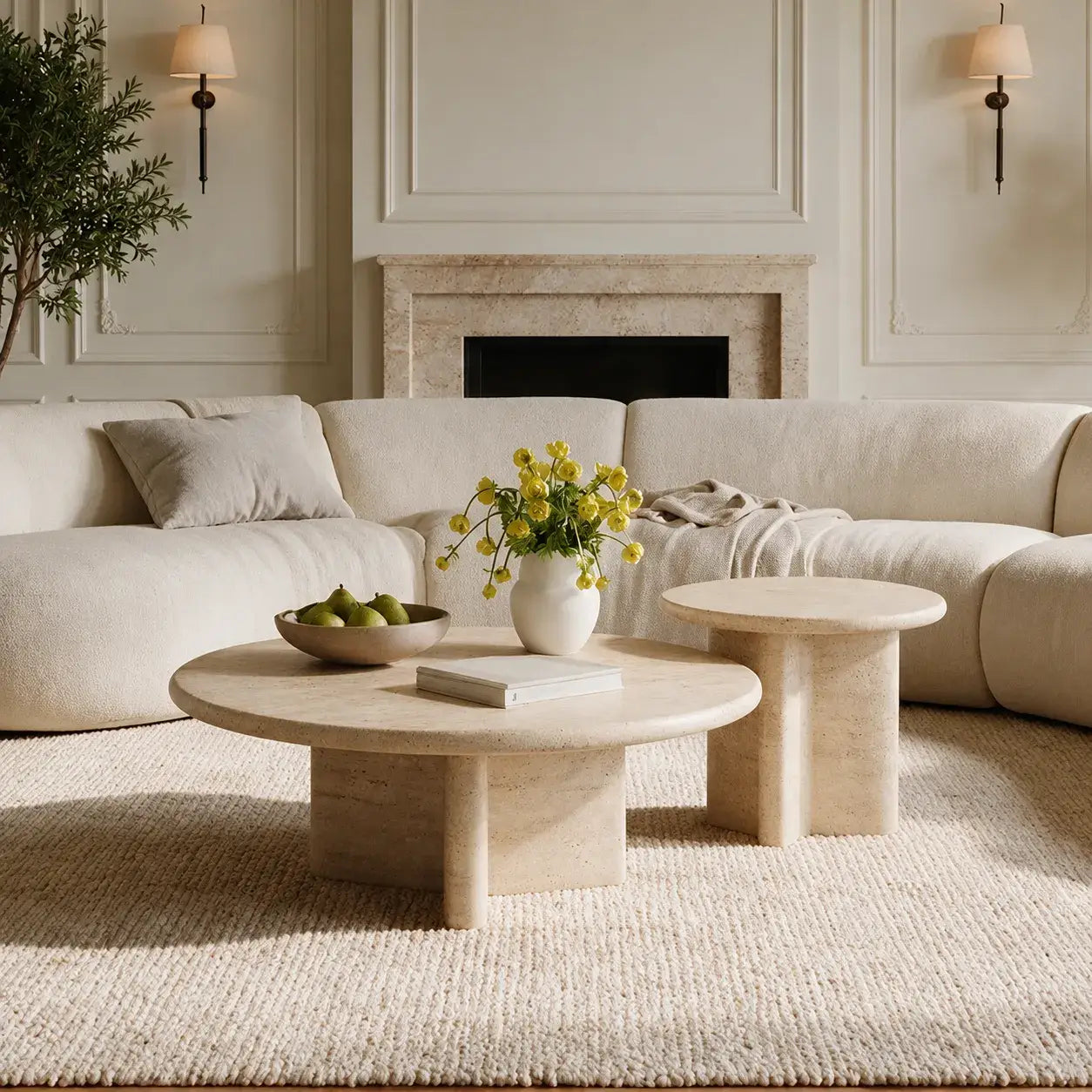 Layered Travertine Coffee Table Set with Sculptural Y Base
