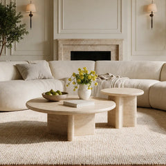 Layered Travertine Coffee Table Set with Sculptural Y Base