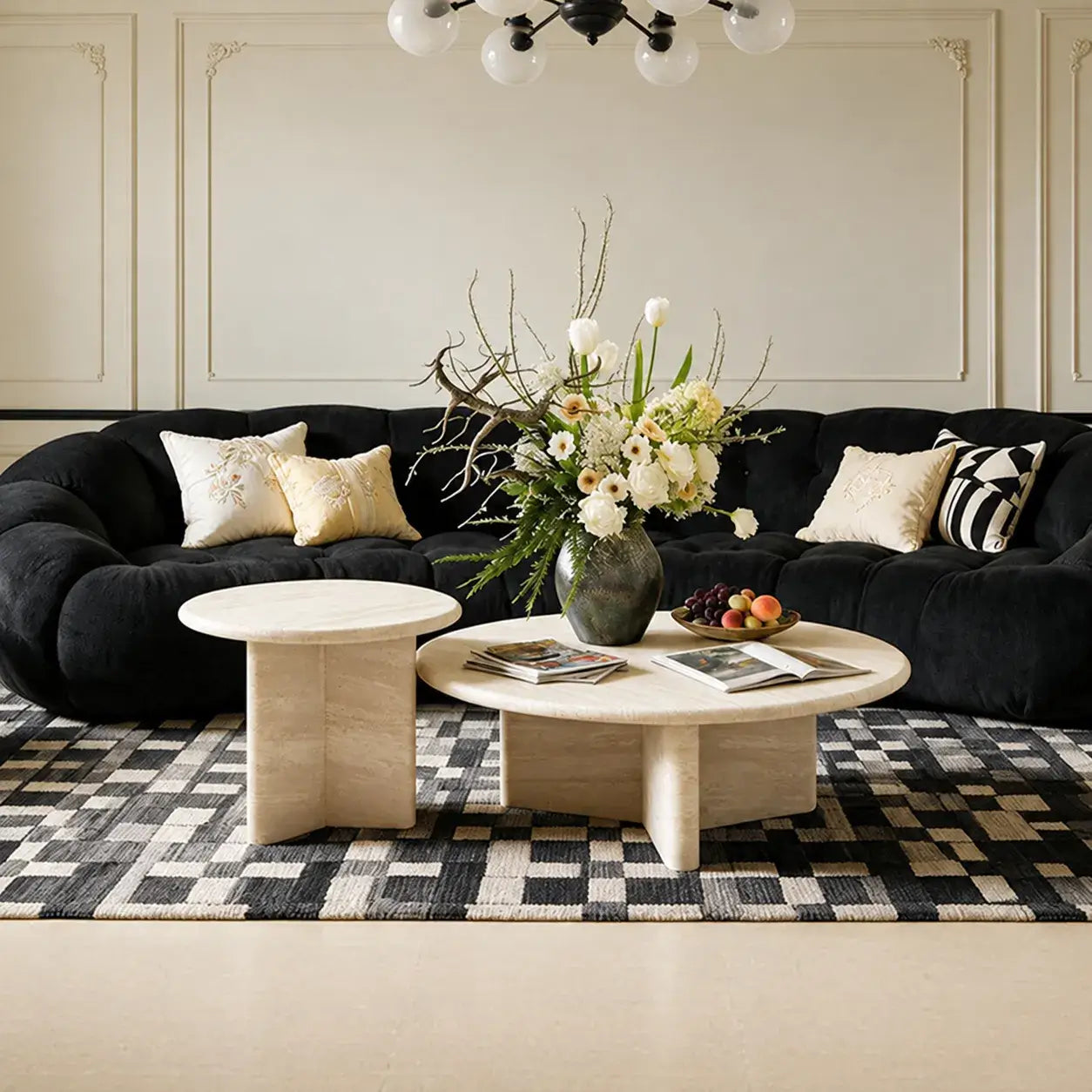 Layered Travertine Coffee Table Set with Sculptural Y Base