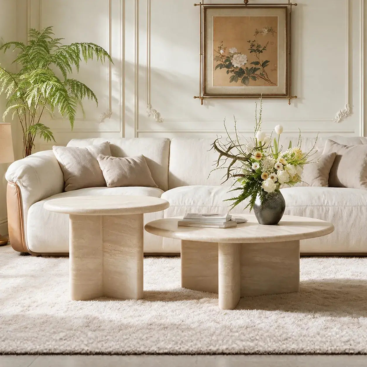 Layered Travertine Coffee Table Set with Sculptural Y Base Main Product Image