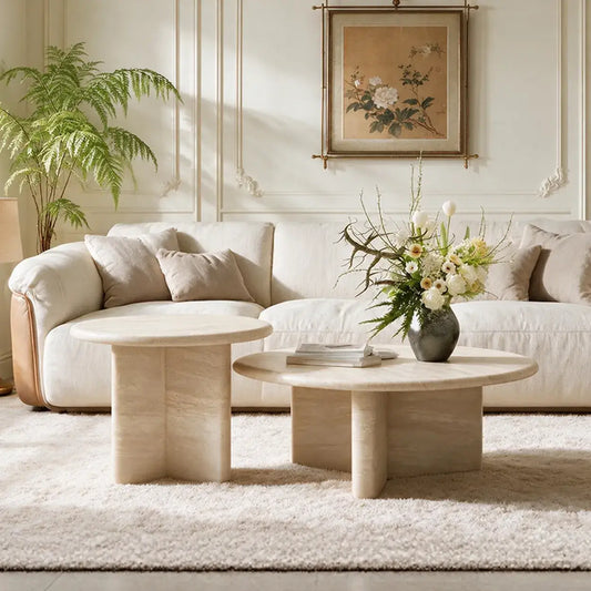 Layered Travertine Coffee Table Set with Sculptural Y Base Main Product Image