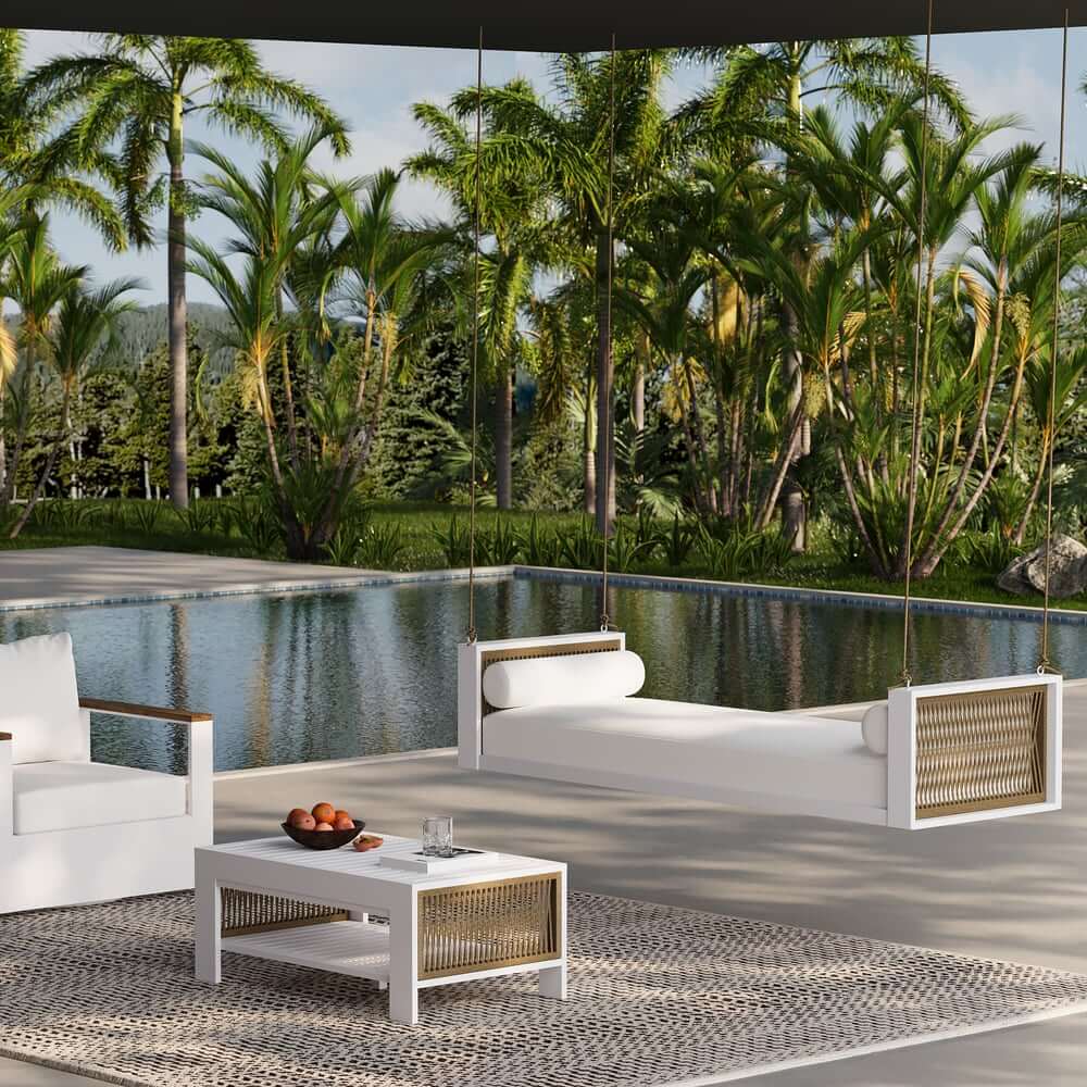 Light Gray Hanging Swing Bed with Aluminum Frame and Cushions