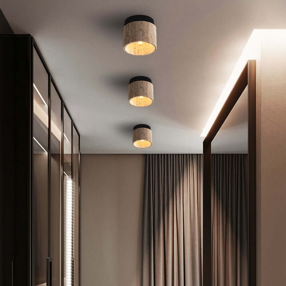 Light Khaki Travertine 1-Light Flush Mount Ceiling Light Fixture