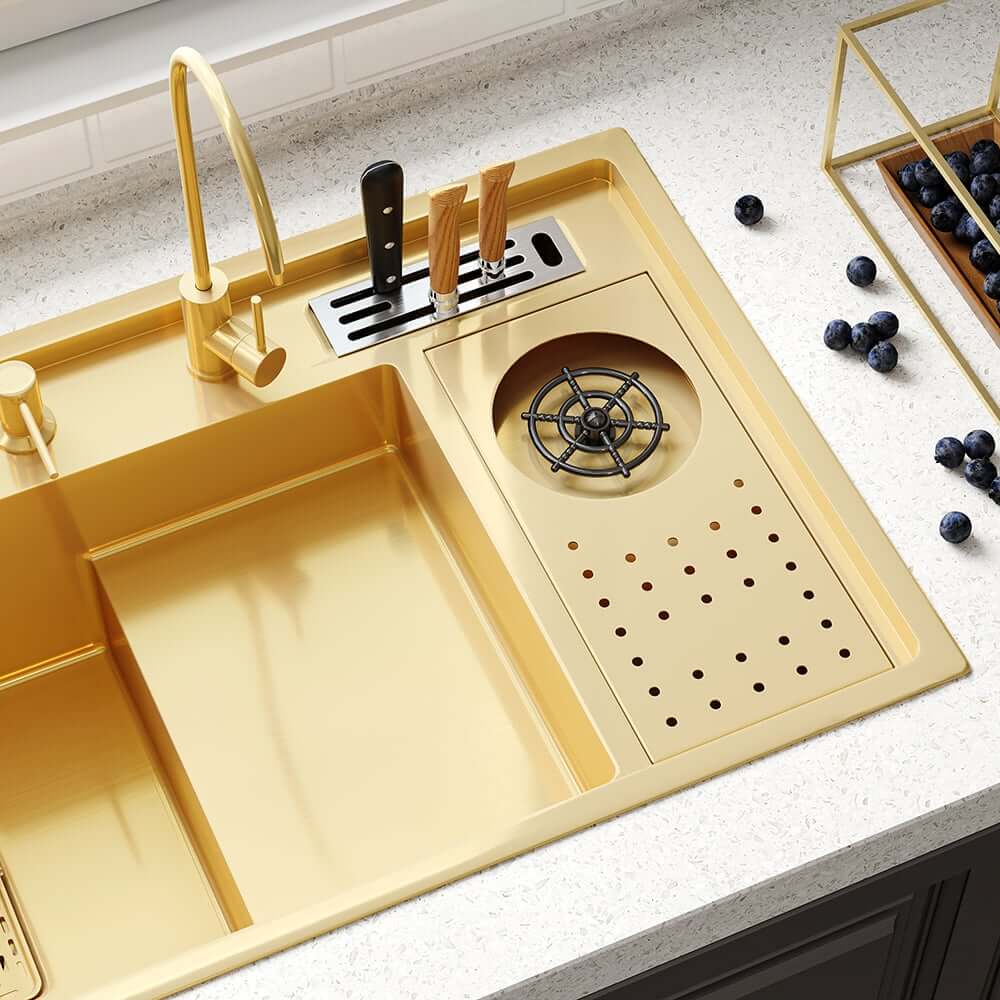 Luxury Black and Gold Stainless Steel Drop-In Kitchen Sink with Overflow