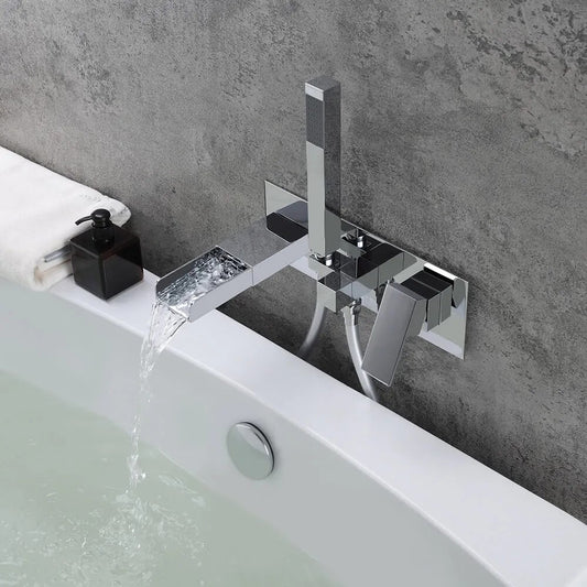Mero Wall Mounted Bathtub Faucet in Chrome with Hand Shower Main Product Image
