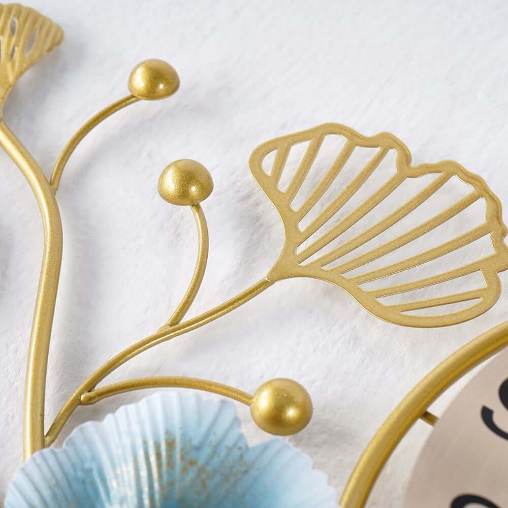 Metal Wall Clock with Ginkgo Leaves Gold and Blue Finish