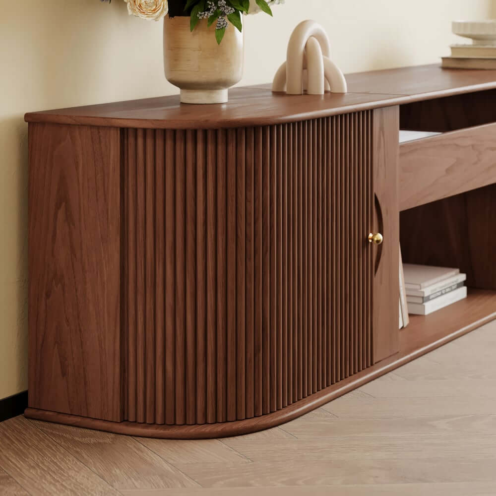 Mid-Century Modern Ash Wood TV Stand With Tambour Doors