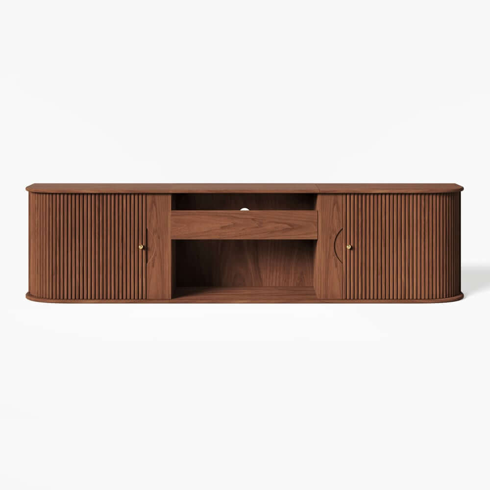 Mid-Century Modern Ash Wood TV Stand With Tambour Doors