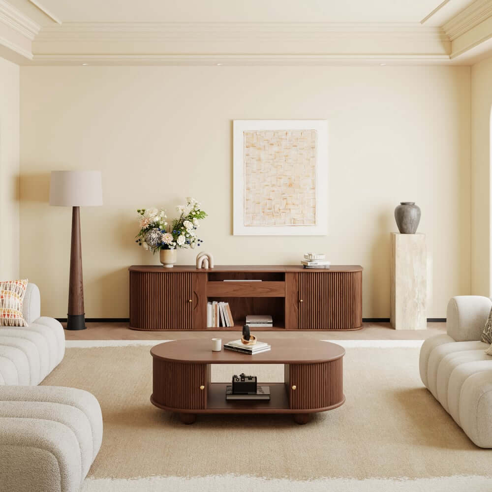 Mid-Century Modern Ash Wood TV Stand With Tambour Doors