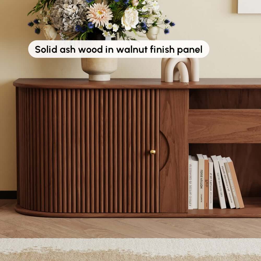 Mid-Century Modern Ash Wood TV Stand With Tambour Doors