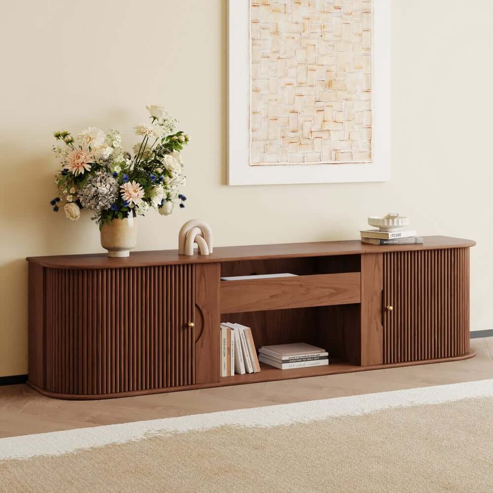 Mid-Century Modern Ash Wood TV Stand With Tambour Doors