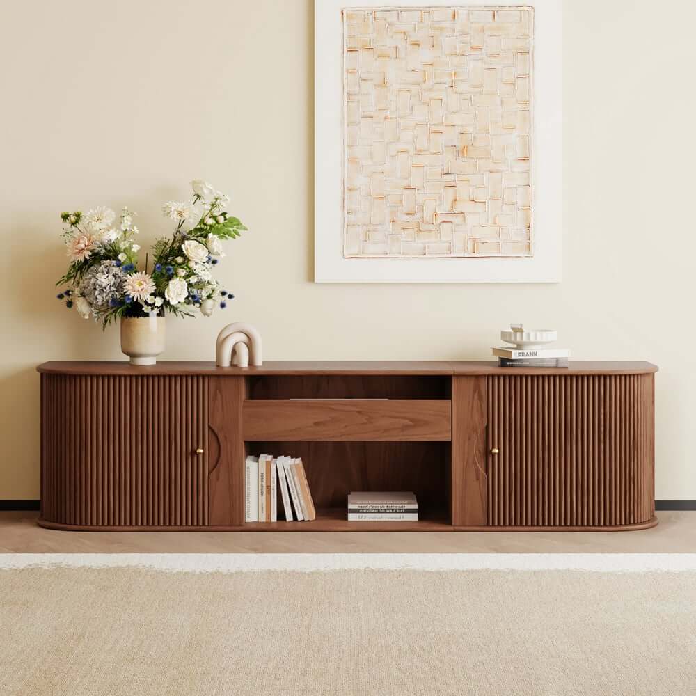 Mid-Century Modern Ash Wood TV Stand With Tambour Doors Main Product Image
