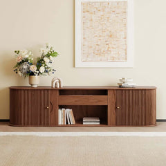 Mid-Century Modern Ash Wood TV Stand With Tambour Doors Main Product Image