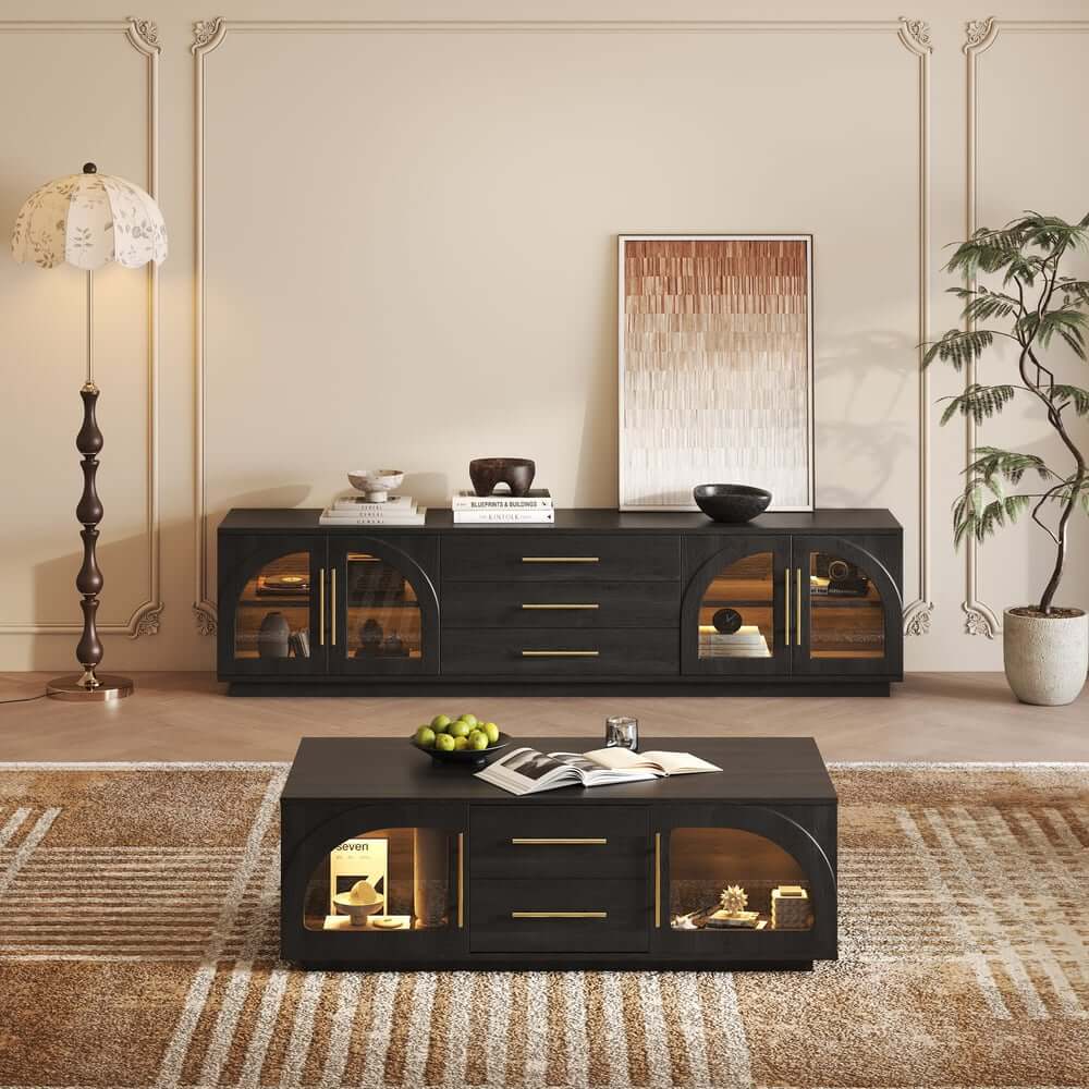 Mid-Century Modern Black TV Stand & Coffee Table Set