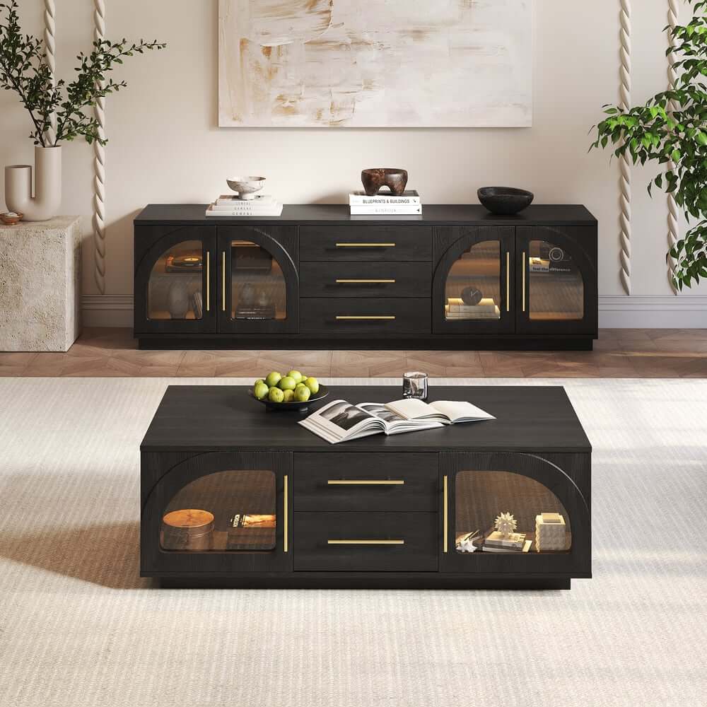 Mid-Century Modern Black TV Stand & Coffee Table Set Main Product Image