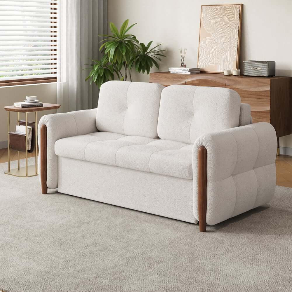 Mid-Century Modern Boucle Sofa Bed With Pull Out Bed