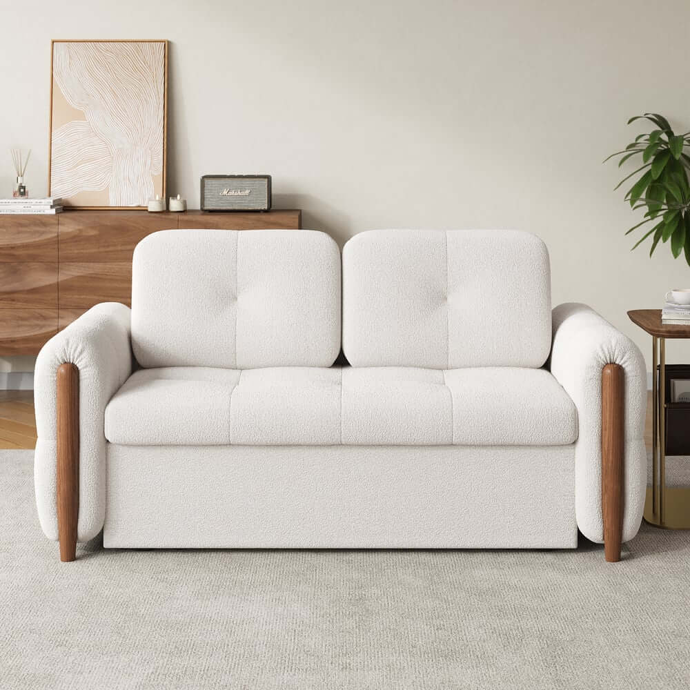 Mid-Century Modern Boucle Sofa Bed With Pull Out Bed