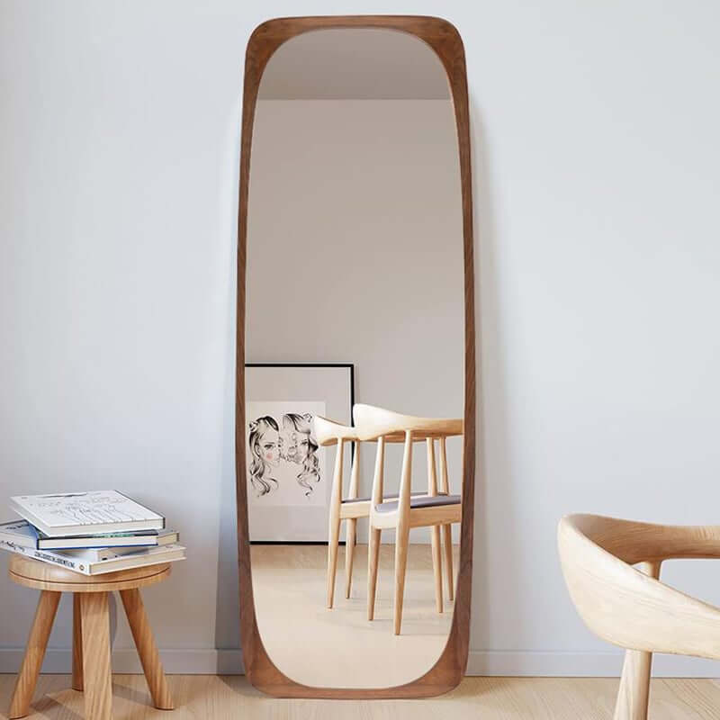 Mid-Century Modern Full Length Floor Mirror in Walnut Pine Wood