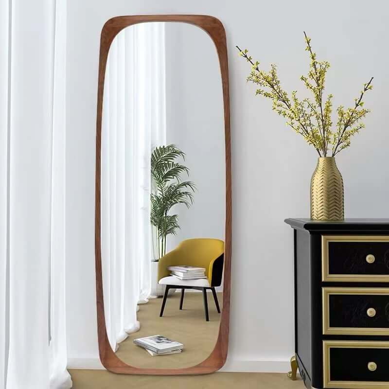 Mid-Century Modern Full Length Floor Mirror in Walnut Pine Wood Main Product Image