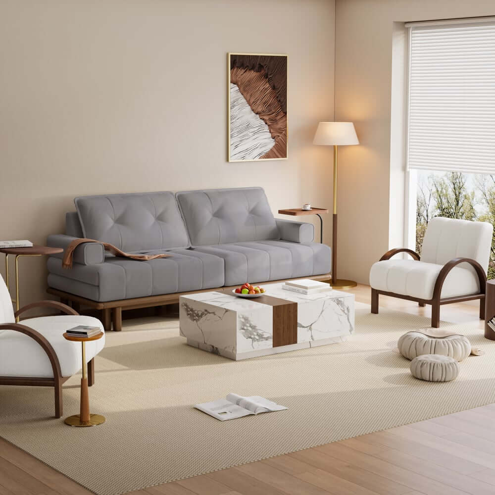 Mid-Century Modern Leather Sofa Bed With Adjustable Backrest