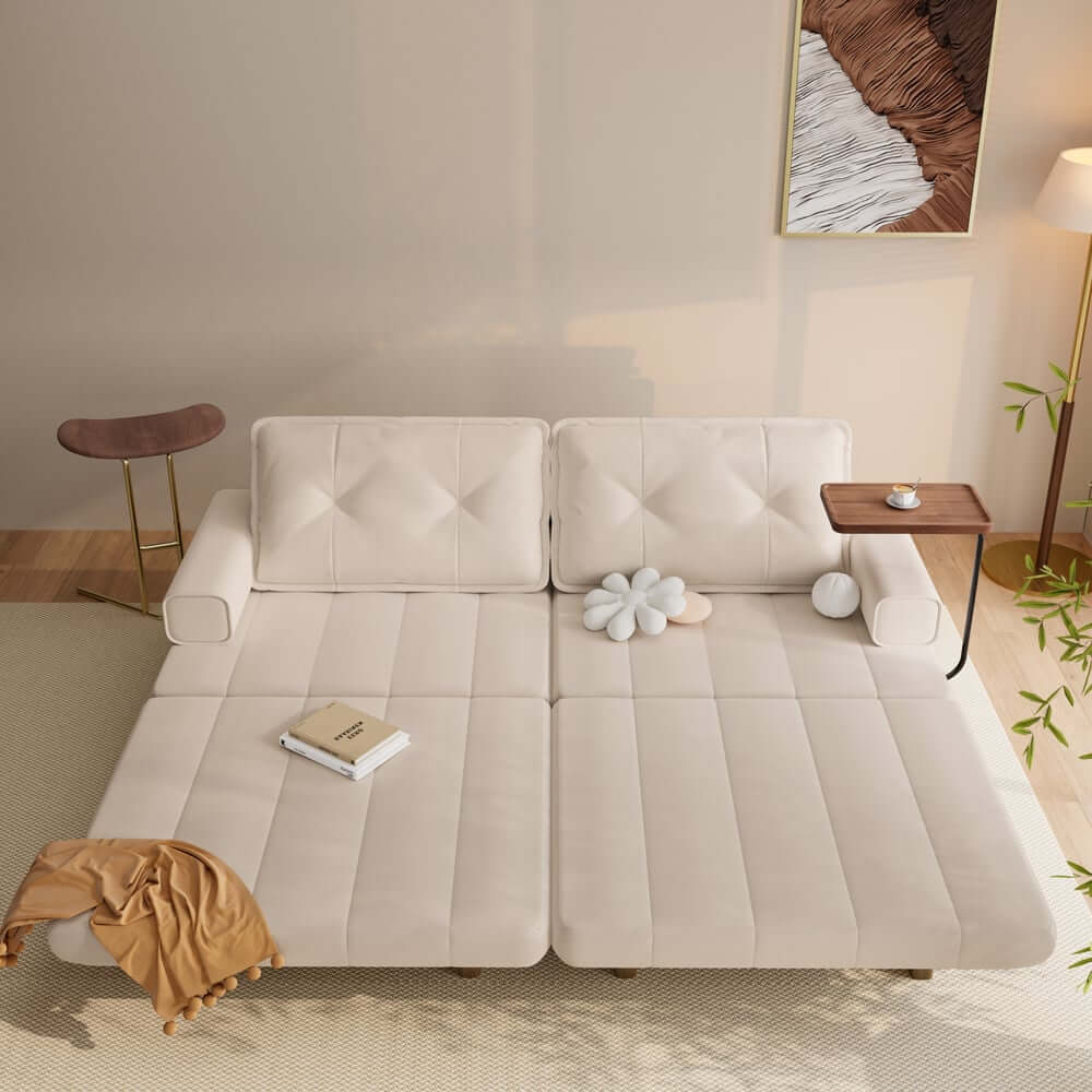 Mid-Century Modern Leather Sofa Bed With Adjustable Backrest