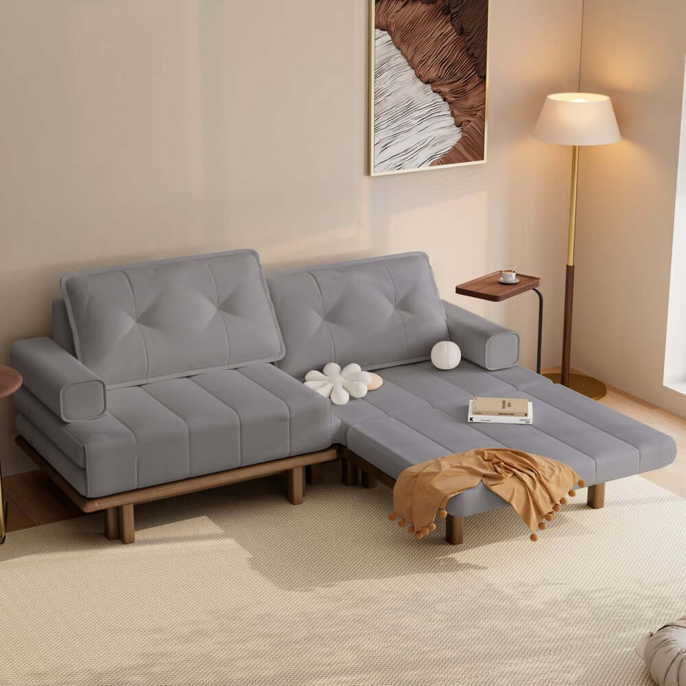 Mid-Century Modern Leather Sofa Bed With Adjustable Backrest