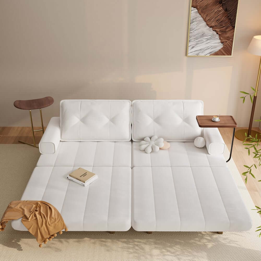 Mid-Century Modern Leather Sofa Bed With Adjustable Backrest