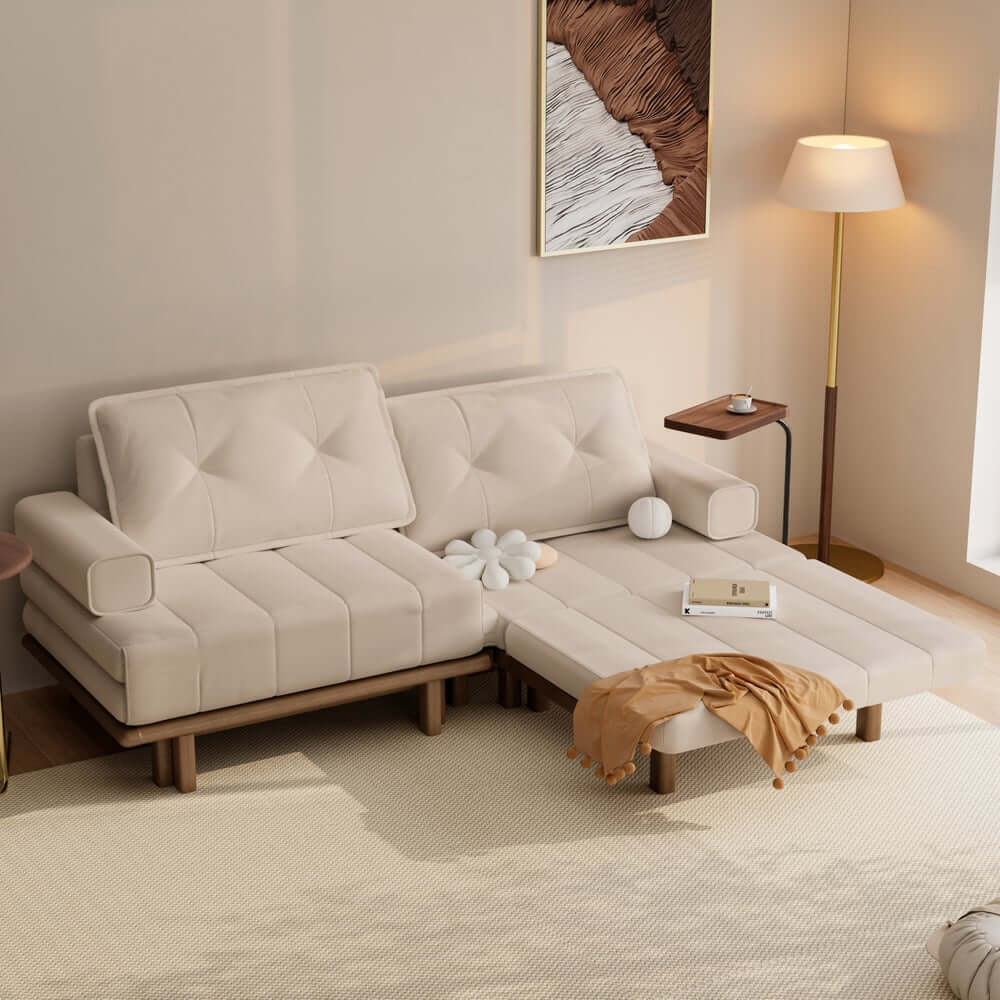 Mid-Century Modern Leather Sofa Bed With Adjustable Backrest