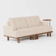 Mid-Century Modern Leather Sofa Bed With Adjustable Backrest