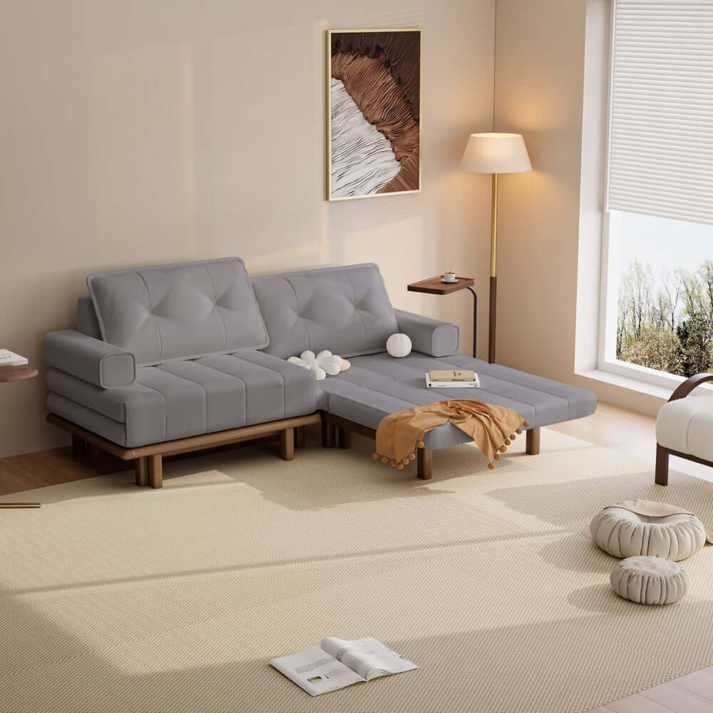 Mid-Century Modern Leather Sofa Bed With Adjustable Backrest