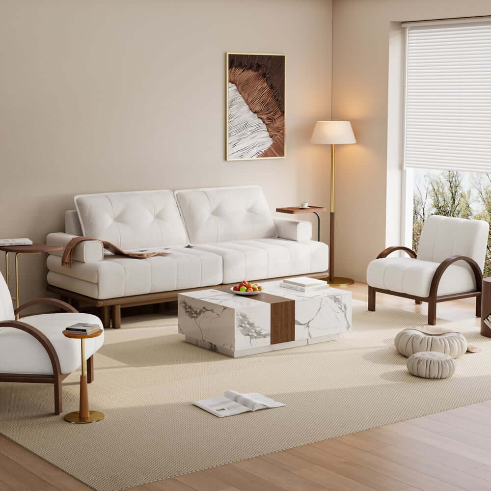 Mid-Century Modern Leather Sofa Bed With Adjustable Backrest