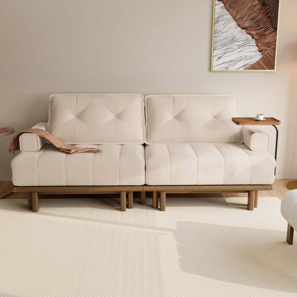 Mid-Century Modern Leather Sofa Bed With Adjustable Backrest