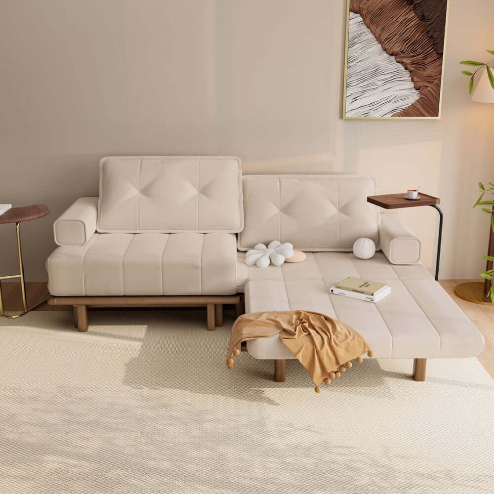 Mid-Century Modern Leather Sofa Bed With Adjustable Backrest