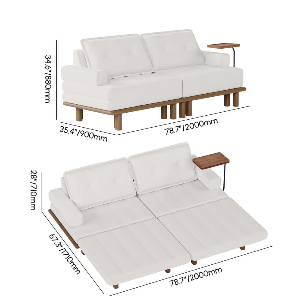 Mid-Century Modern Leather Sofa Bed With Adjustable Backrest Dimensions