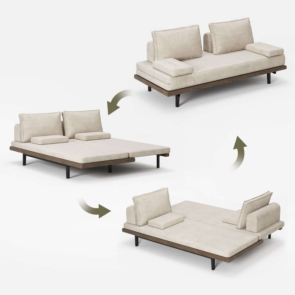 Mid-Century Modern Linen Sofa Bed With Adjustable Backrest