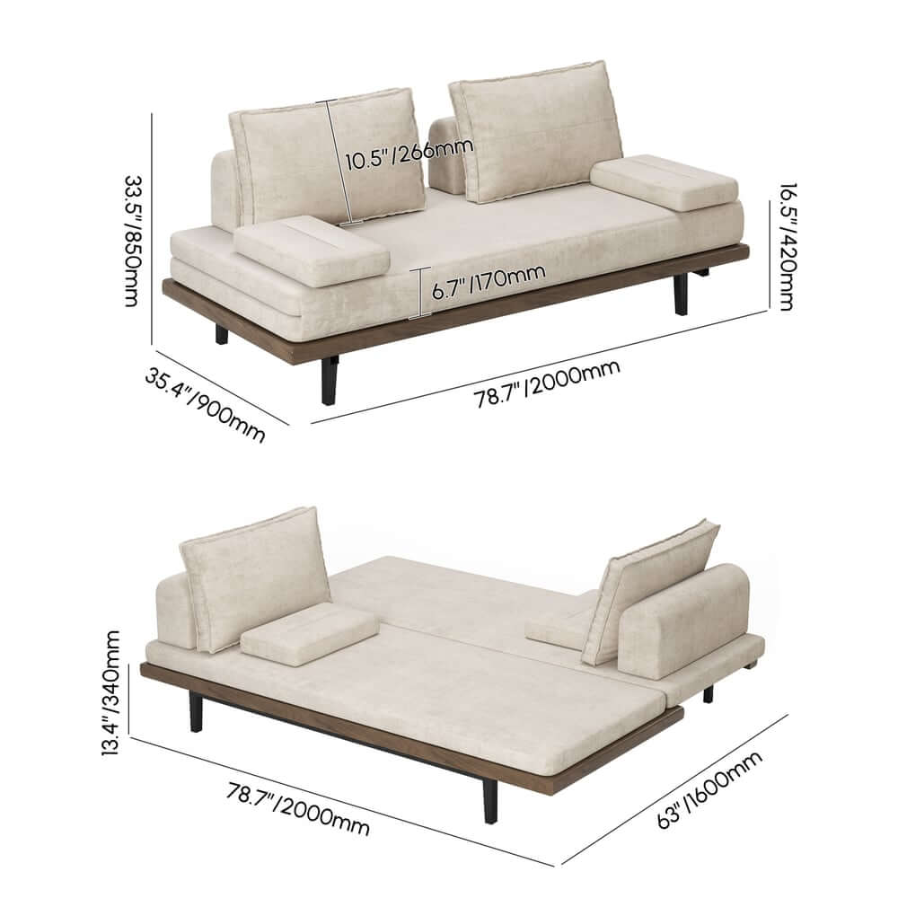 Mid-Century Modern Linen Sofa Bed With Adjustable Backrest Dimensions