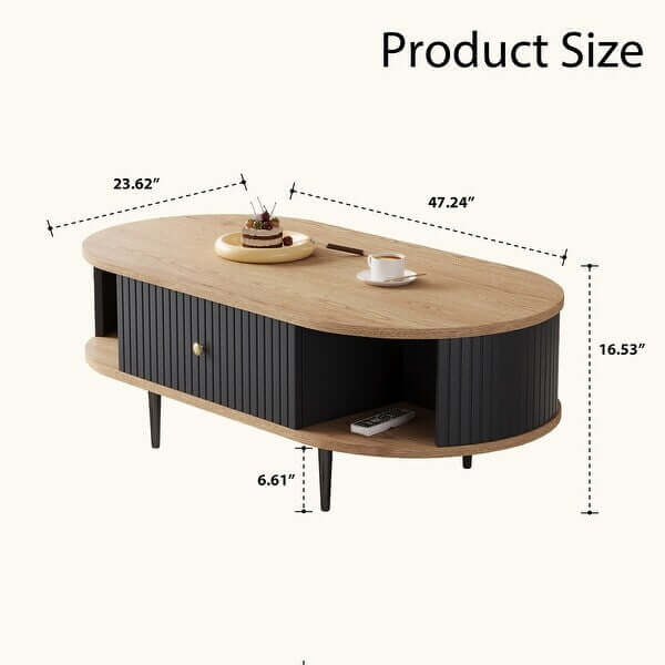 Mid-Century Modern Oval Coffee Table with Fluted Drawer and Open Shelf