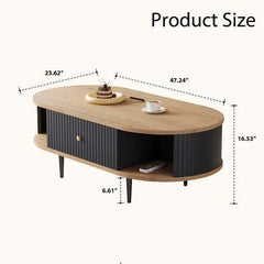 Mid-Century Modern Oval Coffee Table with Fluted Drawer and Open Shelf