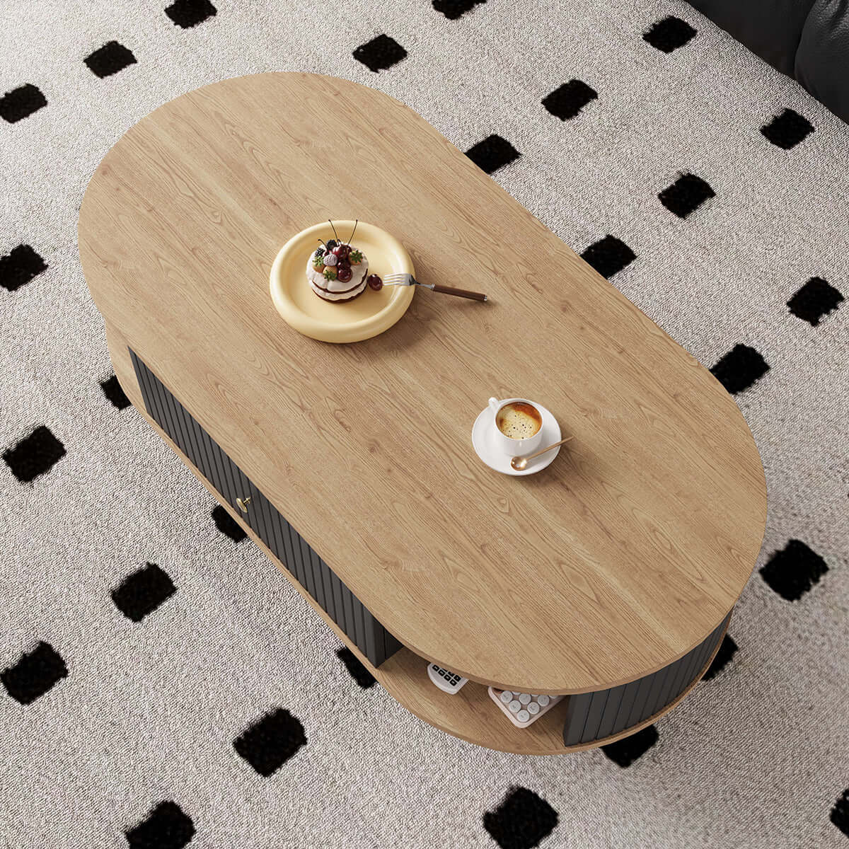 Mid-Century Modern Oval Coffee Table with Fluted Drawer and Open Shelf